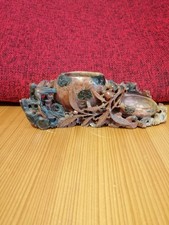 Vaso Portapennelli e Calamaio Cinese In Pietra Ollare Intagliato D'epoca.