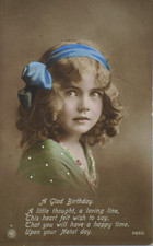 Postcard Little Girl Child Portrait Birthday Green Dress Hand Colored NTG RPPC