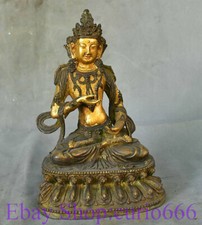 Statua Dea Spirito di Compassione 9" Vecchio Tibet Rame Dorato Sedile Bianco Tara