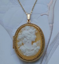 Collana medaglione ritratto giallo cammeo ciondolo ovale tono oro foto medaglione 24''