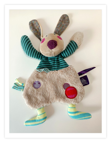 Doudou lapin chien beige bleu - doudou, lapin/chien