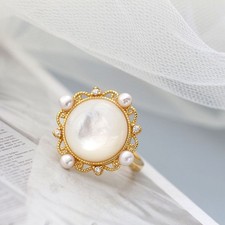 N06 Anello Romantico Ghirlanda Con Madreperla Perle D'Acqua Dolce Oro Argento