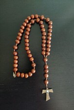 Collana Rosario Padre Pio a corda con grani in legno e croce tau