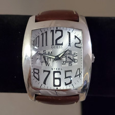 GUESS Orologio Uomo Analogico Quarzo Acciaio Inox Pelle Marrone Data Giorno 38mm