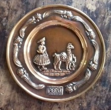 Piatto RAME ricordo PERÙ decorazione Casa ARREDO bassorilievo etnico ORIGINALE