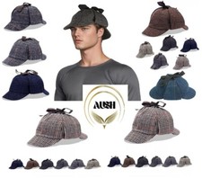 Cappello da uomo Deerstalker Sherlock Holmes berretto spina di pesce pied de poule tweed lana UK