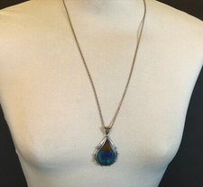 Collana vintage argento sterling 925-950 ciondolo vera piuma di pavone made in italy