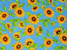 Tessuto Girasoli Fondo Blu Resinato Antimacchia | MADE IN ITALY | Altezza 180 cm