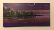 Notte sul fiume. Quadro dipinto a mano su tela ad acrilico 30 x 60 cm 