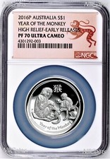 2016 Australia Anno Lunare della Scimmia Altorilievo Prova 1 oz Moneta Argento NGC PF70 