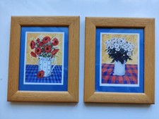 Coppia di quadri fiori moderni, cornice in legno senape, margherite e gerbere 2