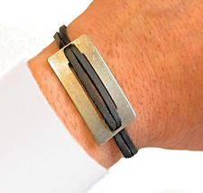 Bracciale in pelle nero da uomo donna braccialetto con piastrina di cuoio moto