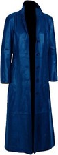 Uomo Blu Pelle Cappotto Lungo 100% Vera Trench Lunghezza Intera Cappotto