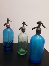 3 Sifoni Selzer In Vetro Blu Cobalto Pubblicitari Vitage anni 50