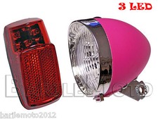 KIT Fanale Luce Anteriore Rosa + Posteriore 3 LED Bici Olanda - R - Graziella