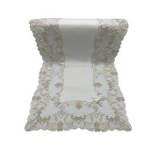 Fiori di Lena - Runner in lino bianco latte con pizzo fregio basso nocciola cm 1