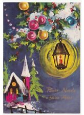 cartolina augurale vintage Buon Natale chiesa lanterna decorazioni natalizie