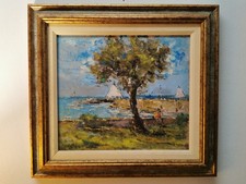 Olio su tavola paesaggio marino Livorno, Tamerice Pittore Livornese Cresci