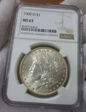 1900-O Morgan Dollar NGC MS63 (014) (data raddoppiata, segno di scontro al collo, punta sopra