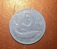 5 lire Delfino 1955 con scritta Romagnoli concava
