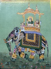 Dipinto Miniatura Moghul Tradizionale – Elefante Decorato con Maharaja e Corte