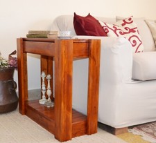 Tavolino Laterale da divano salotto caffè in Legno Massello con contenitore Noce