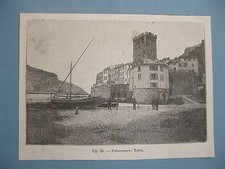 stampa antica PORTOVENERE TORRE LA SPEZIA LIGURIA ANIMATA BARCA 1892