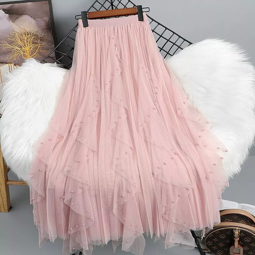 Gonna tulle lunga rosa - gonna, perline