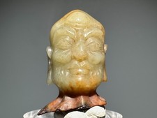 Rara Statua Tang Dy Vecchia Giada Intagliata Testa di Buddha Design "摆件" "Bai Jian" H 4,5 cm