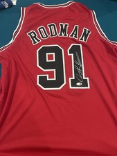 Maglia rossa personalizzata firmata Dennis Rodman autografata Chicago Bulls ologramma Beckett