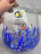 4 pz Vetro Eseguito MURANO Bianco Blu Confetti Girocollo Bicchieri Vino Senza Stelo Nuovi