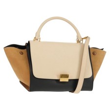 CELINE Borsa a mano trapezio pelle scamosciata 2 vie beige nero oro Autentica BA7053