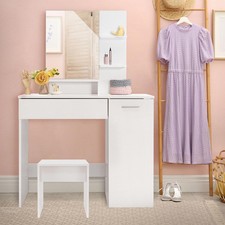 Set tavolino per trucco specchio e ripiani con sedia toeletta legno MDF bianco