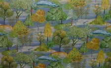 Velluto Tappezzeria Cuscino Tessuto - Prato Alberi Blu Alba 10 Metri Rotolo