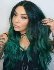 Parrucca Sintetica Onda Lunga Verde Resistente al Calore Moda Festa Cosplay Morbida Naturale 