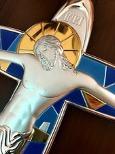 Crocifisso Argento Sterling 925 33X25Cm Da Parete (Azzurro E Oro)