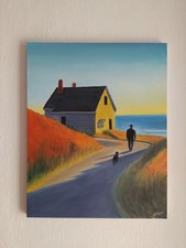 Quadro Dipinto a mano paesaggio mare casa cane al tramonto stile Hopper realismo