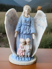 Angelo Custode con Bambini 8,5" Ragazzo - Ragazza - Statuina Smaltata Bianco Rosa Blu