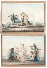 coppia stampe antiche acquatinta a colori 1820 circa Diana neoclassica mitologia