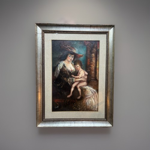 Dama con bambino olio tela - con, su