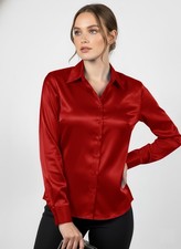 Camicia donna rossa elegante raso classica colletto tinta unita blusa abbigliamento lavoro camicia top