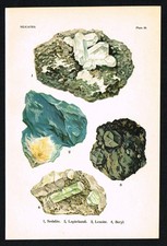 Sodalite, Lapislazzuli, Leucite e Berillo - Stampa cromolitografica minerale 1911