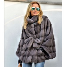 Poncho donna vero naturale mantello vita cintura pelle intera visone pelliccia cappotto giacca calda