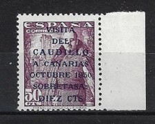 Spain: 1950; Scott B137, set Caudillo a Canarias, overprint, edge, MNH, EBES170