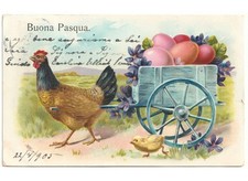 1905 In Rilievo cartolina Primi'900 Pasqua gallina pulcino uova violette carro