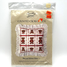 Cuscino orso e nastro qualcosa di speciale 1983 punto croce contato 50116 NOS