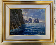 QUADRO DIPINTO OLIO O. Jong FARAGLIONI Capri PAESAGGIO MARINO BARCHE a VELA '900