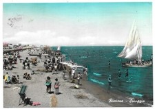 CARTOLINA DI RIMINI ,RICCIONE - SPIAGGIA - ACQUARELLATA non viaggiata ANNI'50