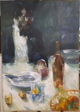 Dipinto Olio Su Tela Di Renzo Vespignani , Uomo Al Ristorante 1958