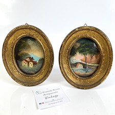 Antico quadretto coppia di quadri ovali oro vintage miniature dipinto firmato